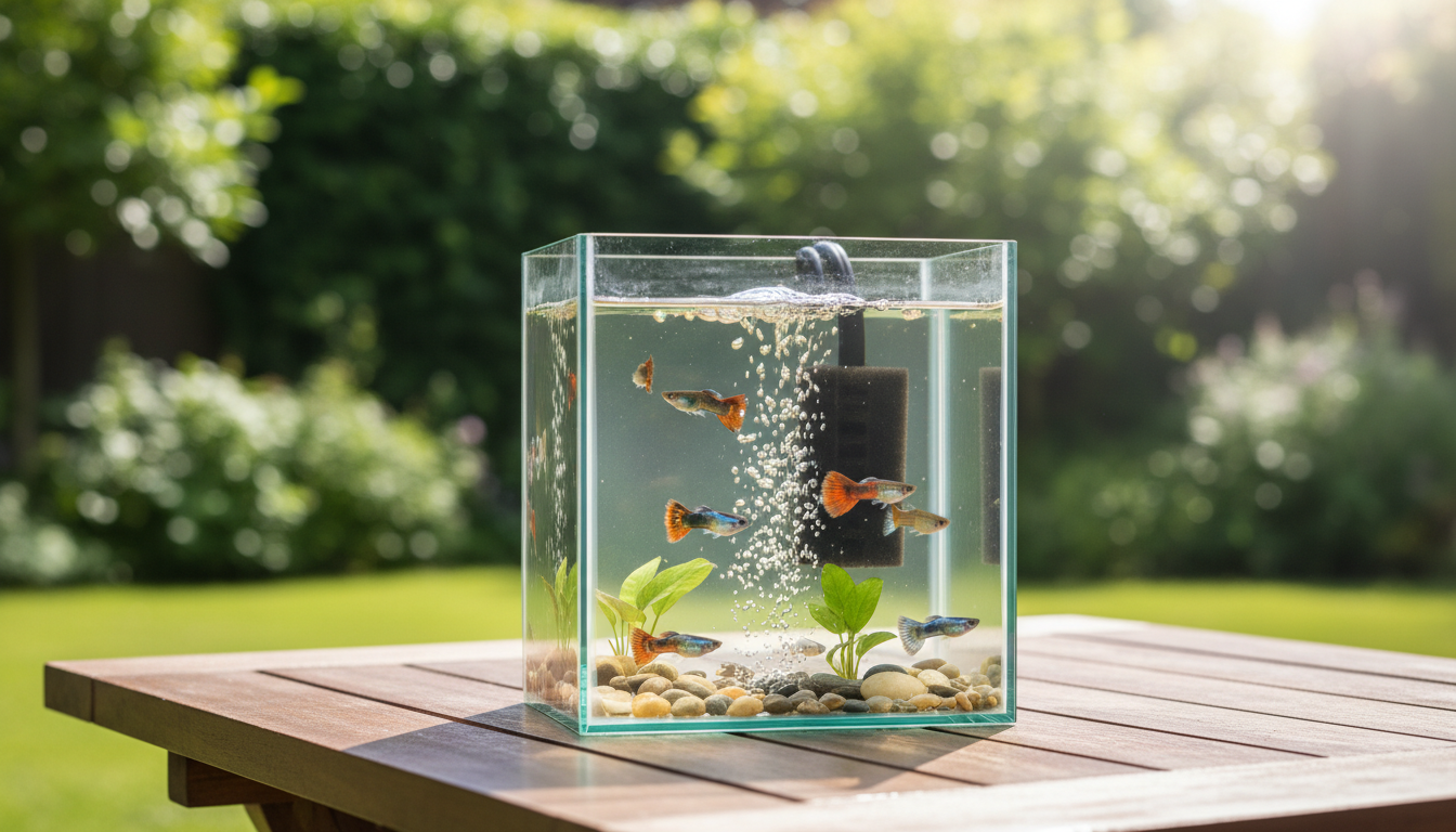 Bí kíp giữ nước trong vắt cho bể cá mini ngoài trời với lọc sủi đơn giản.