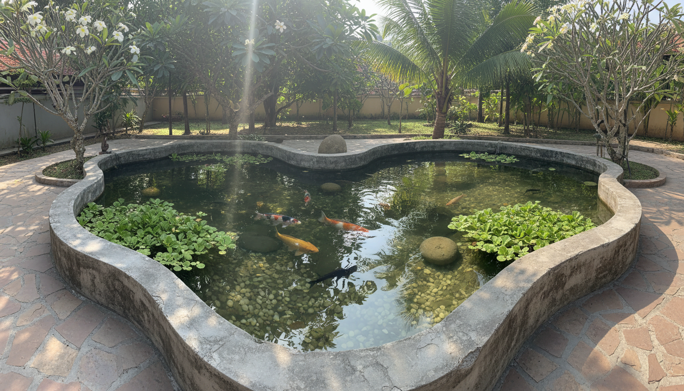 Chi tiết cách làm trong nước bể cá ngoài trời với hồ xi măng mới xây.