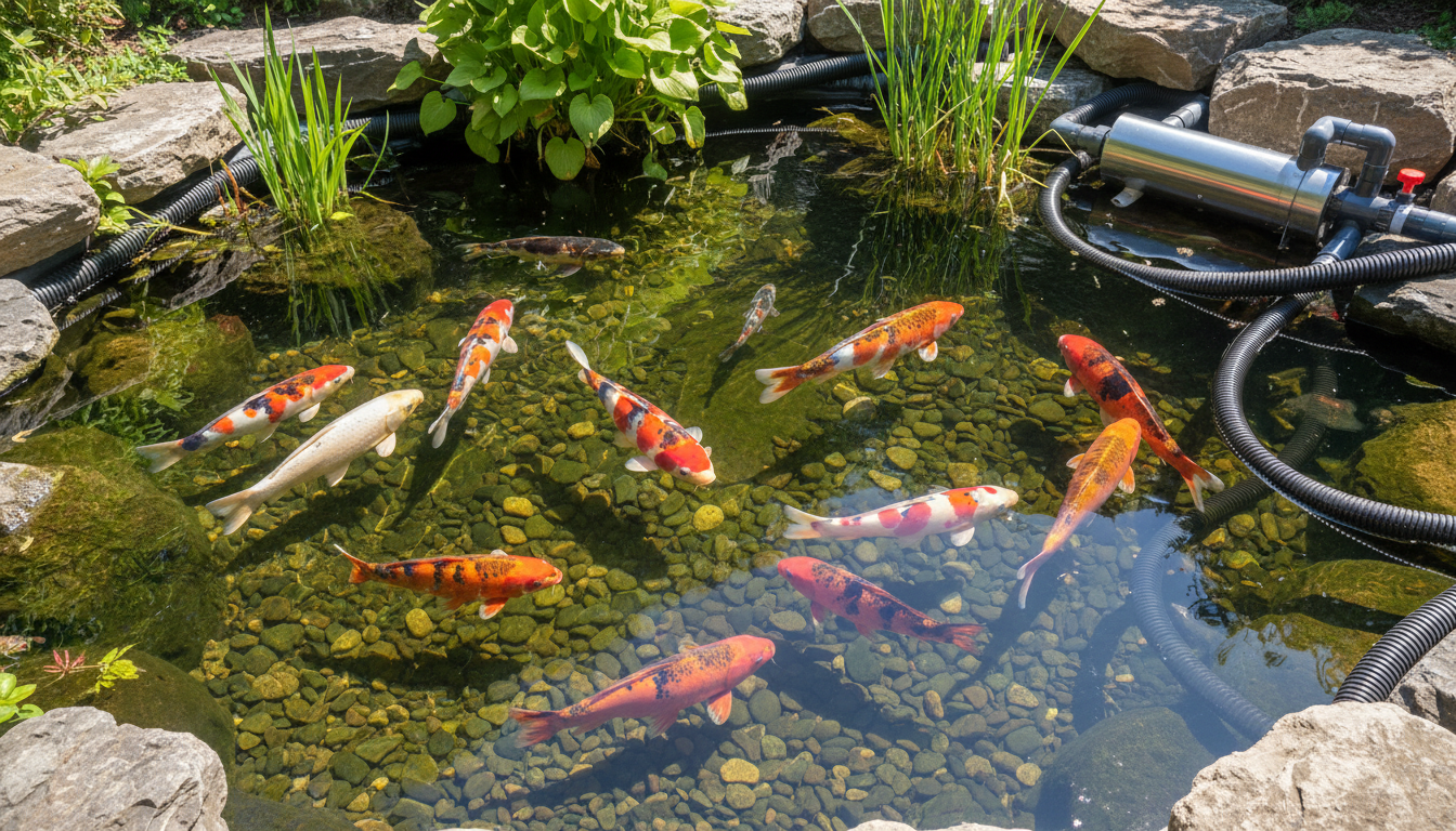 Kết hợp đèn UV và vật liệu lọc để xử lý dứt điểm tình trạng nước xanh.